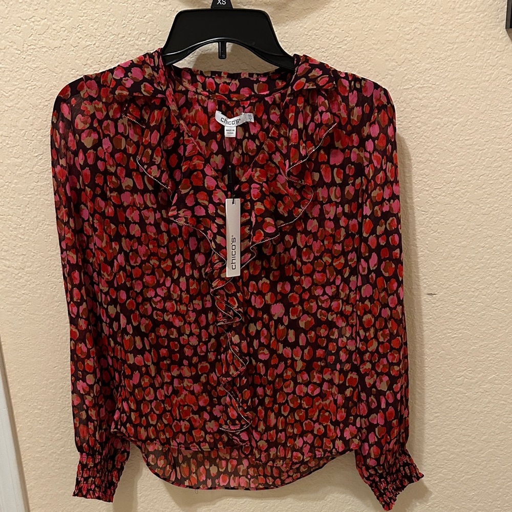 Chicos Vibrant Red and Pink Patterned Blouse